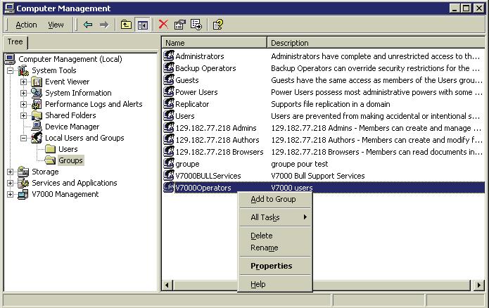 A right click on V7000Operators group in the result pane shows a menu for adding a