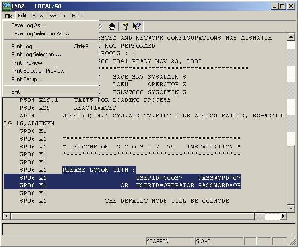 V7000 Operator's Guide 3.3.3.1 File Group Menu Figure 3-59. Save Log As Commands of the File Menu for a LN to save the contents of the display area in a text file.