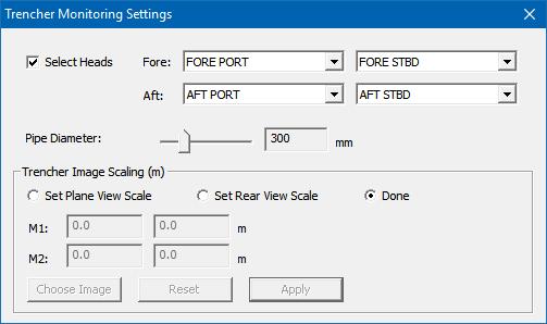 Getting started Setting up the Trencher Monitoring window Before you can monitor the trencher in the Trencher Monitoring window, you need to select which sonar heads to use, adjust the pipe diameter,