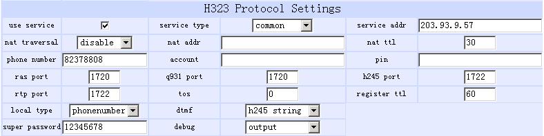 Use digitmap: Enable/disable digit map by checking/unchecking the box. H323 Protocol Settings: Fig 1.5 H323 Protocol Settings use service: Enable/disable service by checking/clearing this box.