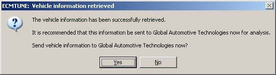 Click Yes to immediately send the vehicle information to your software provider. The following screen will be displayed when you are sending the information about your program.