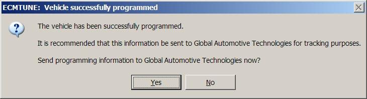 Click Yes to immediately send the vehicle programming information to your software provider.
