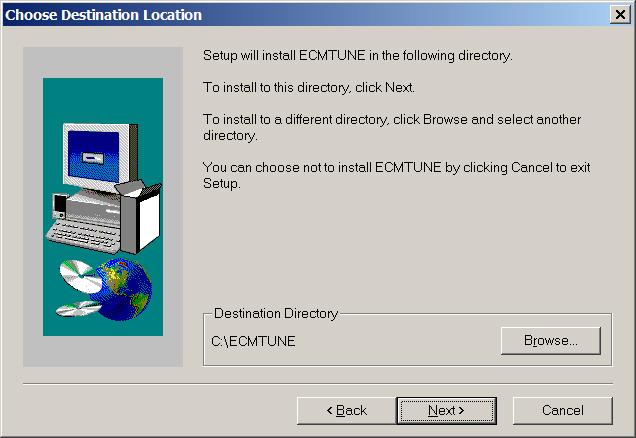 Choose the location to install ECMTUNE, the default directory is indicated on the screen below, under Destination Directory.