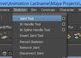 24. Select Skeleton Joint Tool from the Menu Bar: 25.