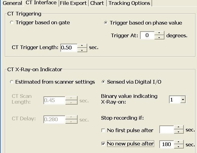 7. Click on the CT Interface Tab. CT Interface Tab 8. Select Trigger based on phase value. 9. Set Trigger At: to 0 degrees. 10. Set CT Trigger Length: to 0.50 sec.