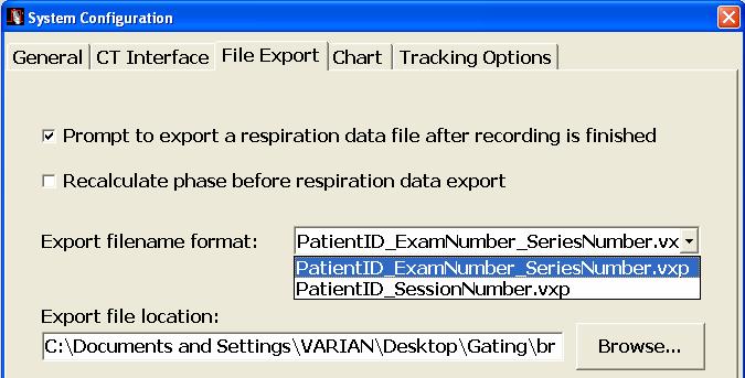 File Export Tab 1. Select Prompt to export a respiration data file after recording is finished. 2. Select Recalculate phase before respiration data export.