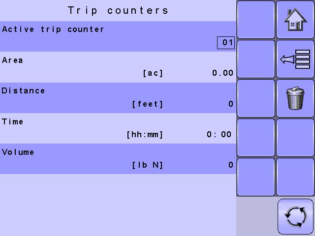 Trip Counters Trip Counters displays information regarding area, distance, time and amount applied. The trip that is active is displayed/active on the Operations Screen.
