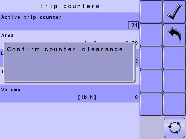 The trip that is active is displayed/active on the Operation Screen. To select the Active Trip Counter, use the number pad or slide bar. To clear the Trip Counters, select TRASH CAN KEY.
