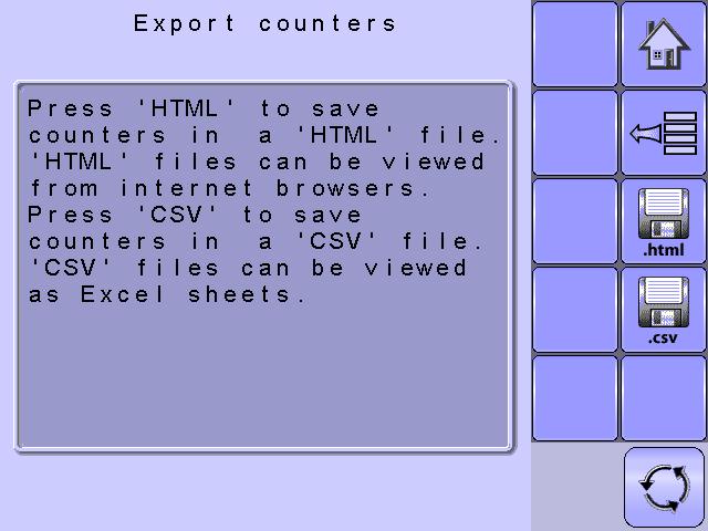Export Counters Export Counters allows counter information to be exported in HTML or CSV format. HTML files can be viewed from an internet browser.