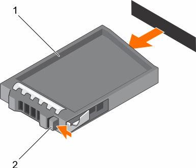 Figure 16. Removing and installing a 2.5 inch hard-drive blank 1. hard-drive blank 2. release button Installing a 2.5 inch hard-drive blank Prerequisites 1.