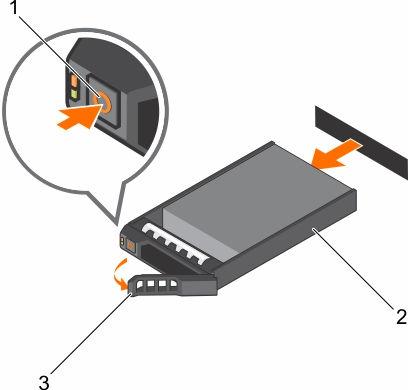 Figure 17. Removing and installing a hot-swappable HDD or SSD 1. release button 2. hard-drive carrier 3.