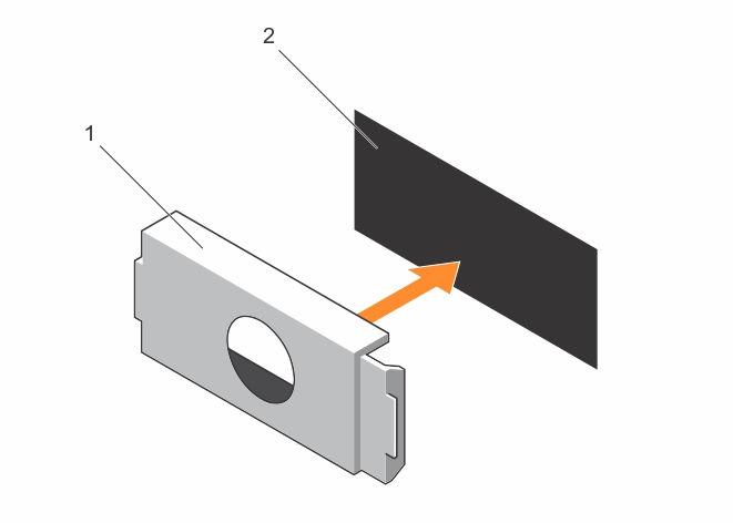 Figure 31. Removing and installing the power supply blank 1. power supply blank 2.