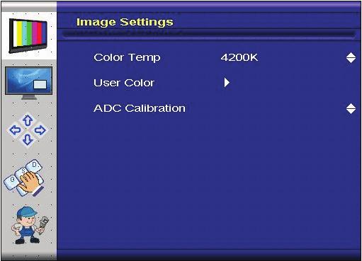 POS-Line High Brightness Video PIII Advanced Color Sub Menu Color Temp: User Color: ADC: Allow selection of different color temperature schemes.