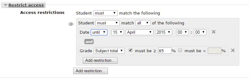 To set multiple restrictions, or nested restrictions : 1. Select Restriction set in the popup window 2. In the dropdown menus select the restrictions you wish to set 3.