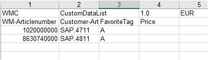 shown below, is used by the configurator to handle these different custom article numbers. You can find this file under the following directory: %appdata%weidmüller\wmc\customdata.csv. CustomData.