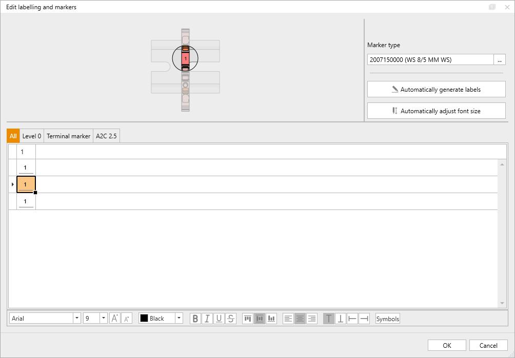 Labelling and markers With the Labelling and markers assistant you can easily add markers to your configuration and edit the labels. The assistant is separated in different sections.