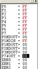 2. In the debug window, change the value of P74OUT to 0x00. This value turns off all four LEDs on P5[7:4]. Figure 10. Debug Window 3.