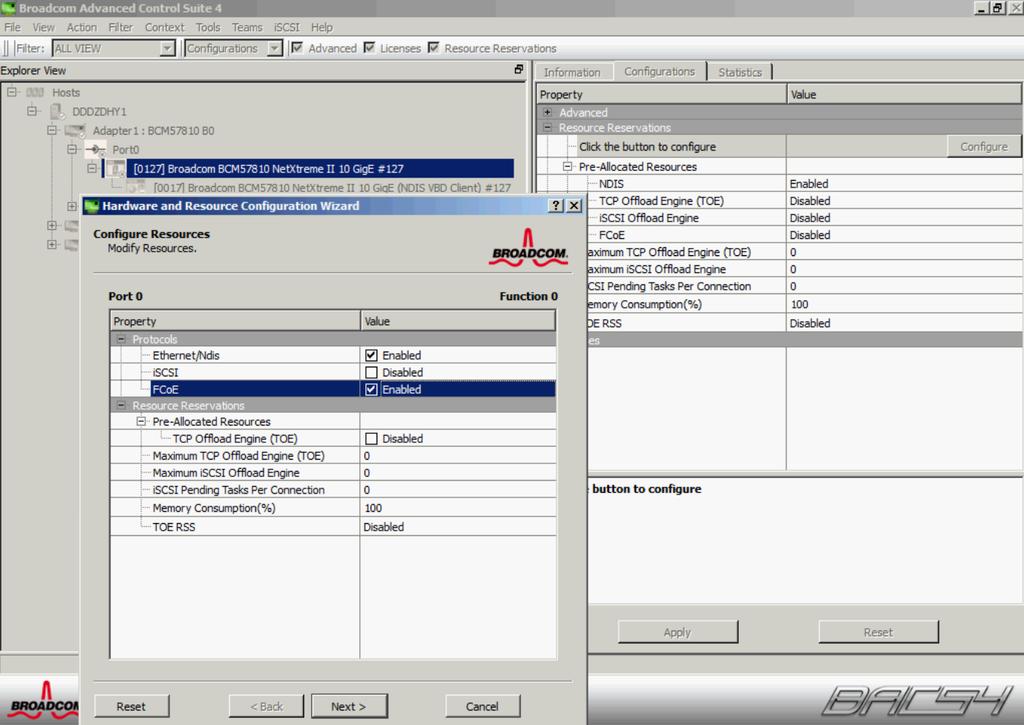 4. Use the Broadcom Advanced Control Suite 4 to enable FCoE by selecting the single partition under each port and clicking the Configurations tab on the right.