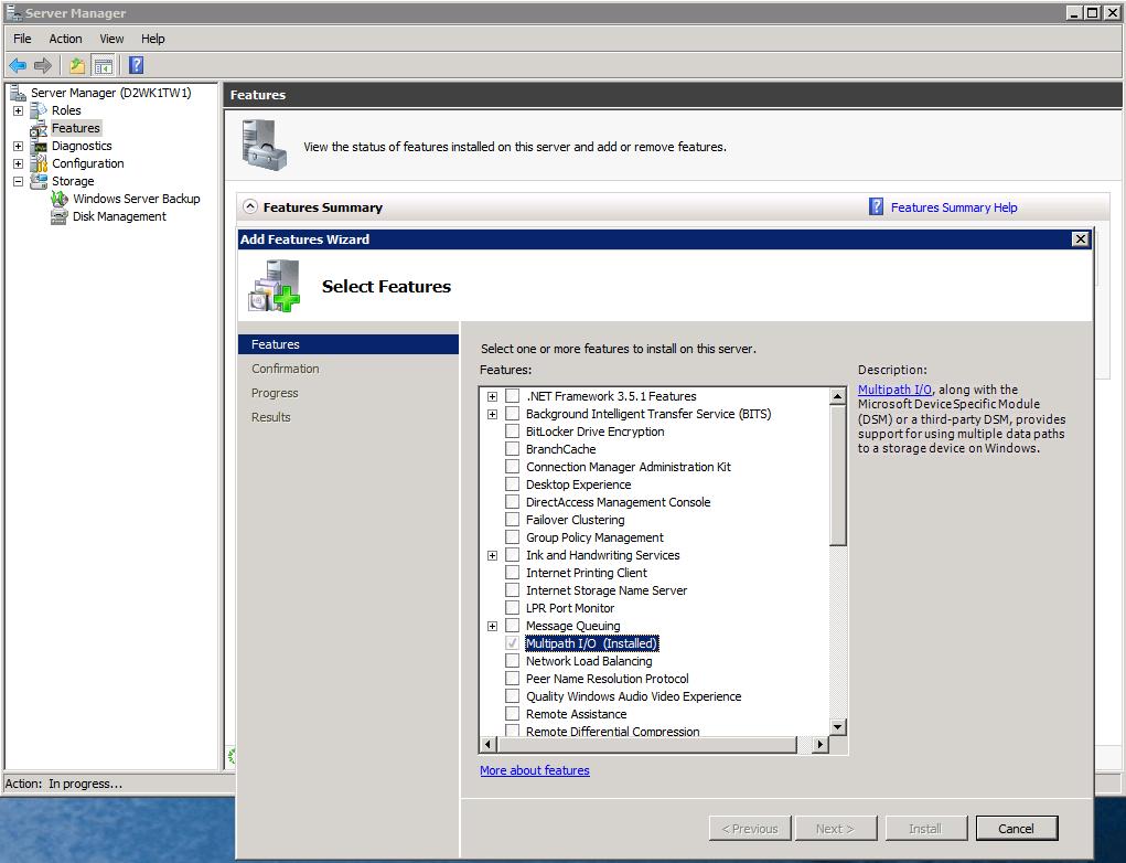 Figure 32 Installing Windows Server 2008 R2 Enterprise Multipath I/O feature 8. Navigate to Start > Control Panel > MPIO and click the Add button.