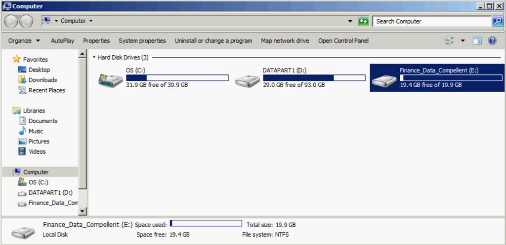Figure 37 Remote storage on Compellent as seen in Windows as drive E: Compellent SC8000 Load Balancing Policy Options: The Compellent SC8000 controller uses Microsoft Multipath I/O (MPIO) for load
