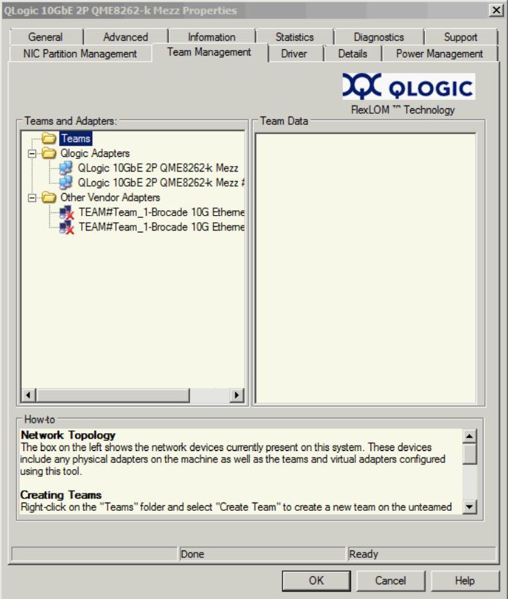 Figure 52 Team Management tab of port properties 3. Now right click on the Teams folder and click Create Team. Choose the type of NIC teaming you desire.