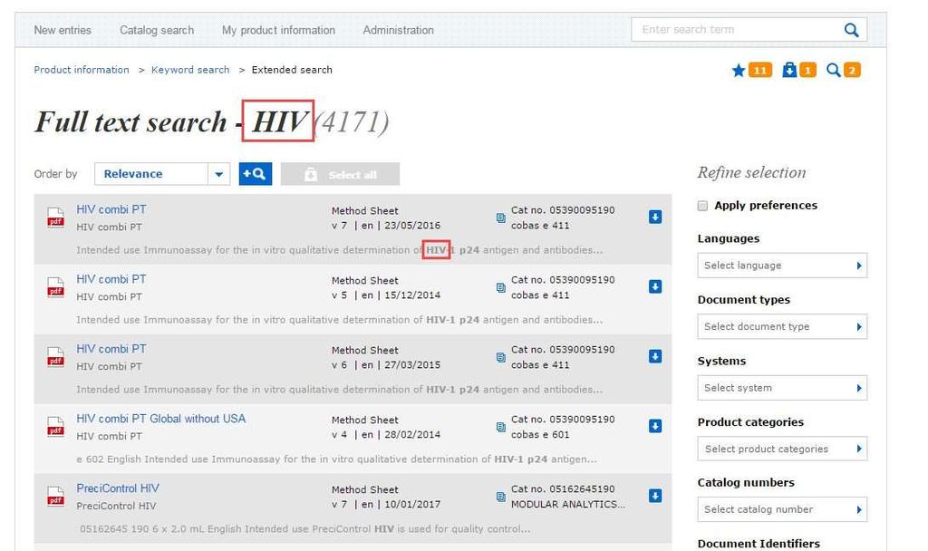 Documents Search Full text search 3 On the result page the full text search result record is enriched with snippets