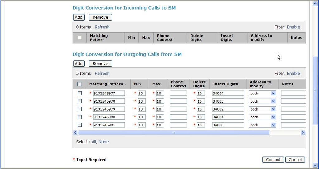 To map inbound DID numbers from CenturyLink to Communication Manager extensions, scroll down to the Digit Conversion for Outgoing Calls from SM section. Create an entry for each DID to be mapped.