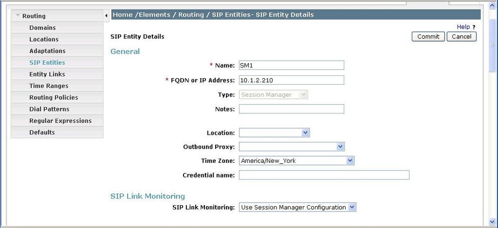 5.5. Add SIP Entities A SIP Entity must be added for Session Manager and for each SIP telephony system connected to it which includes Communication Manager and the AA-SBC.
