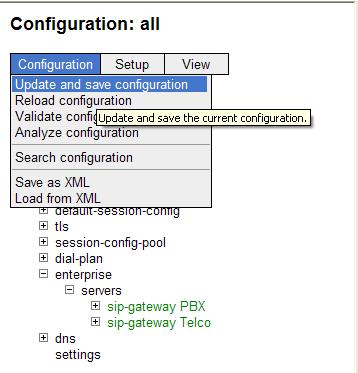 6.2.6. Save the Configuration To save the configuration, begin by clicking on Configuration in the left pane to display the configuration menu. Next, select Update and save configuration. 7.