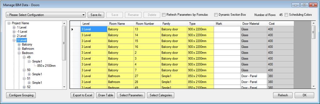 BIM Tree Manager Second step select data you want to see Elements of selected category are conveniently grouped together in a tree where user can filter it by any configurable criterions.