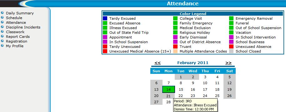 The Attendance Link When you click on the Attendance link, the following screen will appear. You can navigate through the months of the current school year.