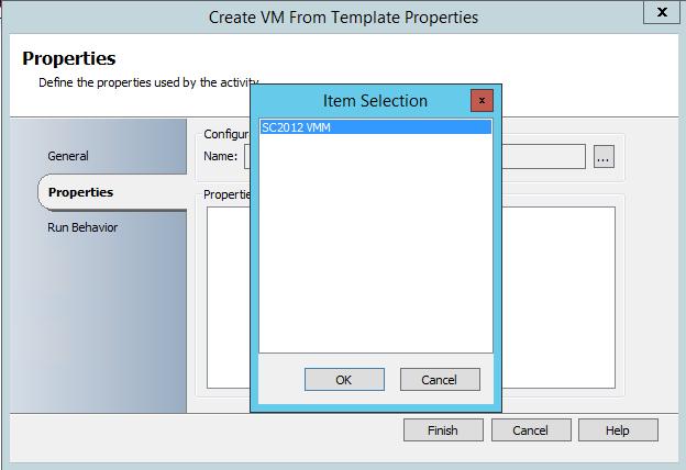 6) Double-click Create VM From Template. 7) In the Configuration area, click the ellipsis ( ), select SC2012 VMM and click OK.