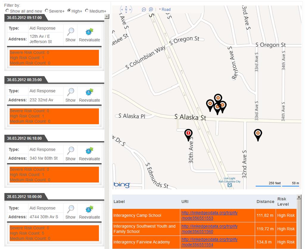 Fig. 1. Viewing incidents on the main screen. The list on the left hand side shows the current incidents, the map depicts a selected incident with identified critical infrastructure, such as schools.