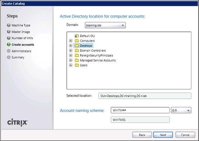 Creating pooled Virtual Machines with Personal vdisk using Machine Creation Services 5 Select the Active Directory