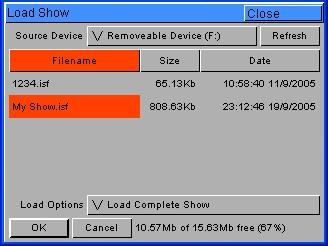 9. Loading Shows Shows can be loaded onto the Frog 2 from either CD or USB Storage Device. Insert or connect the storage medium containing the show.