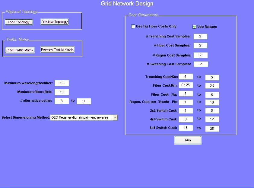 NeDeTo Network Design Tool Minimum-cost WDM Network Dimensioning using Integer Linear Programming Jointly with Regenerator Placement (RP) Three RP approaches implemented: No Regeneration (benchmark)