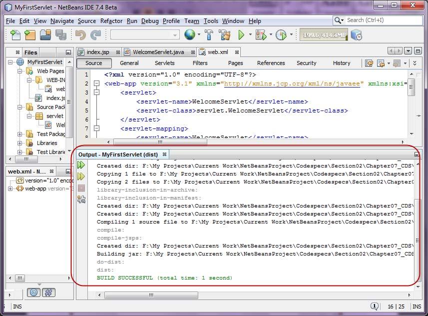and building of the MyFirstServlet Web application appear in the Output -