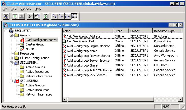 3 Installing the Interplay Engine for a Failover Cluster Avid Workgroup Disk Is Online n The Avid Workgroup Disk resource should be online and all other resources offline. 3.
