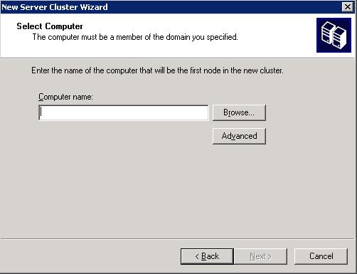 Configuring the Cluster Service 9. In the Select Computer dialog box, in the Computer name text box, type the Cluster node host name of the first node. For example, use SECLUSTER1.