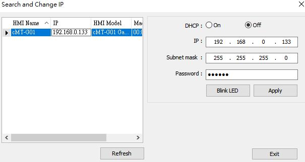 You can change the LAN1 IP address of the cmt-g01 by going to [Search and Change IP]. Disable DHCP and then enter IP address as well as subnet mask according to the company/ factory network.