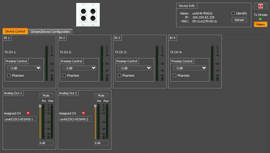 32 unax4i Configuration The configuration form for the unax4i is organized into the following key sections: Device Control Comprises the analog input audio parameters Stream/Device Configuration