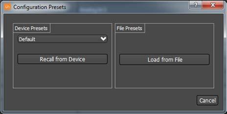 4.2 Preset Configuration Most devices feature preset capabilities for recalling a previously saved set of settings either from a file on the PC or from non-volatile memory on the target device.