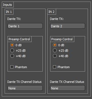 undio2x2 Inputs 5.1.1 Dante TX Channel Name This text field reports the Dante transmit channel name shown on the Dante network for corresponding analog input channel.