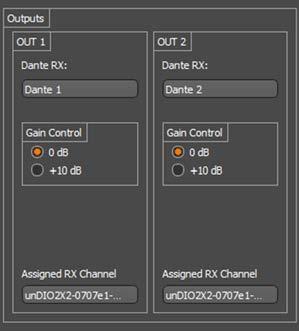 5.2 undio2x2 Outputs 5.2.1 Dante RX Channel Name This text field reports the Dante receive channel name shown on the Dante network for corresponding analog output channel.