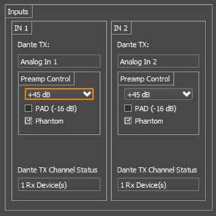 undio2x2+ Inputs 6.1.1 Dante TX Channel Name This text field reports the Dante transmit channel name shown on the Dante network for corresponding analog input channel.
