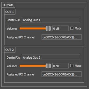 6.2 undio2x2+ Outputs 6.2.1 Dante RX Channel Name This text field reports the Dante receive channel name shown on the Dante network for corresponding analog output channel.
