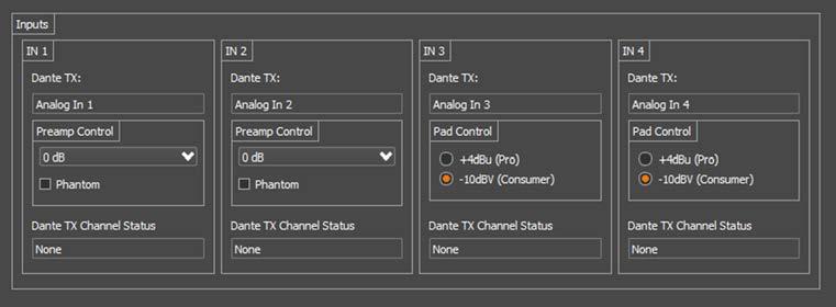 8.1 undx2io+ Inputs 8.1.1 Dante TX Channel Name This text field reports the Dante transmit channel name shown on the Dante network for corresponding analog input channel.