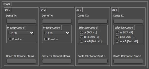 10.1 und6io Inputs 10.1.1 Dante TX Channel Name This text field reports the Dante transmit channel name shown on the Dante network for corresponding analog input channel.