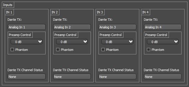 .1 und4i Inputs 13.1.1 Dante TX Channel Name This text field reports the Dante transmit channel name shown on the Dante network for corresponding analog input channel.