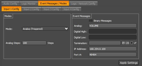 14.3 und4i-l Event Messages/Modes The Event Messages/Modes tab allows the installer to configure the logic event messages and event triggering modes for each of the logic inputs.